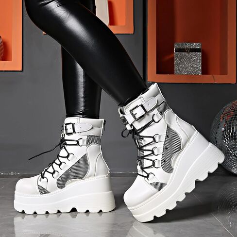 Women's Gothic Platform Combat Boots with Bat Wings Lace-up with Buckle Straps Ankle Boots Chunky Platform Sole Fashion Studded Motorcycle Boots in Saudi Arabia