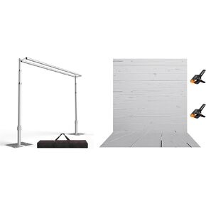 Emart Backdrop Stand Heavy Duty 10x10ft ، أنبوب مشاق مزدوج ودعم خلفية DRAPE مجموعة خلفية خلفية و 10 × 5 قدم خلفية خشبية رمادية أبيض للتصوير الفوتوغرافي