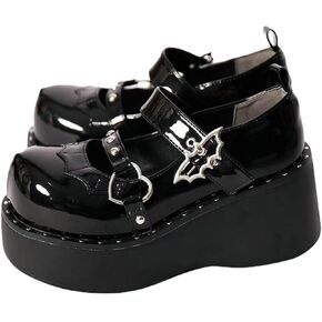 Parisuit Womens Lolita Platform أحذية القوطي ماري جين ويدج الكعب مضخات كاحل حزام مستدير