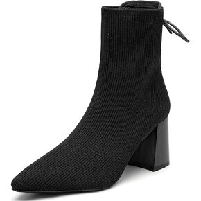 Women's Pointed Toe Knit Ankle Boots - Chunky Block Heel Dress Booties for Work, Party & Fall Winter, Comfortable Cushioned Insole