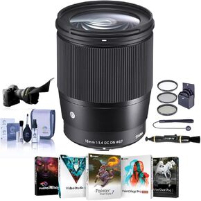Sigma 16mm f/1.4 DC DN Contemporary Lens for Canon EF-M, Black, Bundle with ProOptic 67mm Filter Kit, Flex Lens Shade, Cleaning Kit, Cap Tether, Lens Cleaner, PC Software Kit