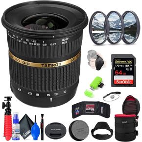 Tamron SP AF 10-24mm f / 3.5-4.5 DI II Lens Compatible with Sony (INTL Model) with 64GB Extreme Pro SD Card + 77mm Filter Set + 6-Inch Lens Case + Memory Card Wallet + Strap + Cleaning Kit
