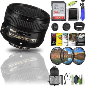 Nikon AF-S NIKKOR 50mm f/1.8G Lens (2199) + 64GB Memory Card + Filter Kit + Backpack + Card Reader + Corel Photo Software + Flex Tripod + Memory Wallet + Cap Keeper + Cleaning Kit (Renewed)