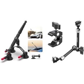 NEEWER Triple Suction Cup Car Mount Kit with 2in1 Extension Pole/Selfie Stick, ST16C 11" Articulating Magic Arm Clamp Mount with Super Clamp Included