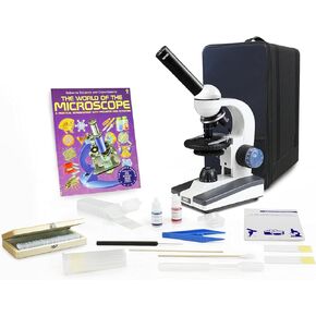 VIsion Scientific VME0018-RC-P3 Monocular Elementary Level Microscope, 40x-1000x Magnification, Rechargeable, Microscope Book, Microscope Discovery Kit, 50 Prepared Slides Set,Carrying Case