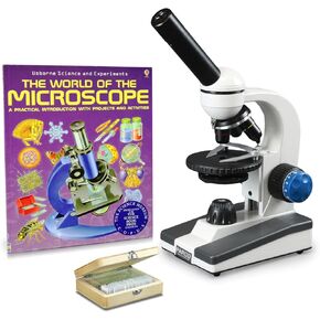 Vision Scientific VME0018-RC-P1 Monocular Elementary Microscope,WF10x&25x Eyepiece,40x-1000x Magnification,LED Light,Rechargeable Battery,Microscope Book,25 Prepared Slides Variety Set