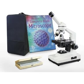 Vision Scientific VME0007-100-LD-P6 مجهر مركب أحادي ، تضخم 40 × -2000X ، مصباح LED ، مرحلة ميكانيكية ، كتاب مجهر ، مجموعة 50 شرائح مُعدة ، حالة حمل مجهر