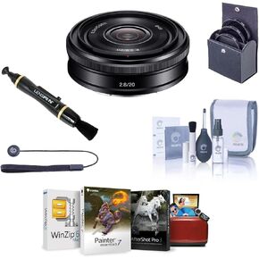 Sony E 20mm f/2.8 Lens for Sony E, Black, Bundle with 49mm Filter Kit, Lens Cleaner, Cleaning Kit, Lens Cap Tether, Mac Software Kit