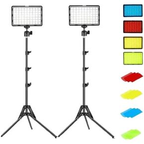 LED Video Light Panel Kit, 5600K Dimmable, 2 Pack with 59-Inch Stands, 4 RGB Color Filters