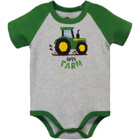 John Deere Gray Green Short Sleeve Let's Farm Tractor Bodysuit Sizes 3/6, 6/9, 9/12 Months
