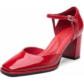 Women's Chunky Heels Mary Janes - Closed Square Toe Pumps with Buckle Strap Dress Shoes for Work & Wedding