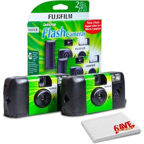 FUJIFILM QuickSnap Flash 400, One-Time-Use Disposable Camera with Flash (1x 2 Pack) + Microfiber Cleaning Cloth