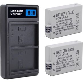 2 بطاريات LP-E5 مع شاحن USB-C ثنائي الشاحن متوافق مع Canon EOS Rebel XS ، Rebel T1I ، Rebel XSI ، 1000D ، 500D ، 450D ، KISS X3 ، KISS X2 ، KISS F 1900MAH