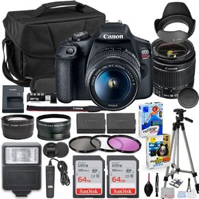 Canon EOS Rebel T7 DSLR Camera with 18-55mm Lens Bundle with Extra Canon Battery + 2X 64GB Memory Cards + Accessory Kit Including Bag, Flash, Remote, Aux Lenses, Software & More