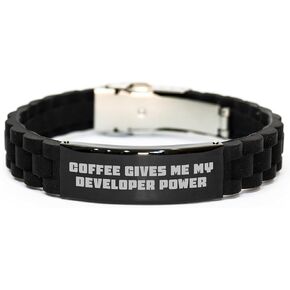 Developer Power Gift Glide lock Clasp Bracelet, Funny Quote Coffee Gives Me My Developer Power, Adjustable Black Stainless Steel Silicone Christmas Unique Gift for Developer