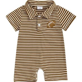 Karuedoo Newborn Baby Boy Football Outfit Embroidery Stripe Button Down Collared Shirt Romper Short Sleeve Jumpsuit Bodysuit