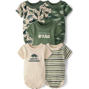 The Children's Place,Unisex Baby,and Newborn Everyday Short Sleeve Bodysuits,Greenwich Dino 5-Pack,12 Months,18 Months