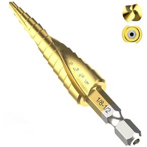 M2 Step Drill Bit Set 1/8"-1/2",1/4" Hex Shank Unibit Step Drill bit,Spiral Grooved for Faster Drilling, Step Bits for Stainless Steel, Wood, Aluminum, Plastic, 13 Step Sizes Taper Drill bit Set