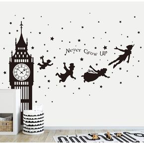 Runtoo Peter Pan Wall Decals Peel and Stick for Nursery London Silhouette Quotes Wall Art Stickers Baby Kids Room Daycare Playroom Decor, Black