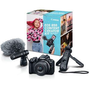 Canon EOS R50 Content Creator Kit, Hybrid Mirrorless Camera with RF-S18-45mm F4.5-6.3 IS STM Lens, Tripod Grip, Microphone, Wireless Remote Control, Vlogging Camera, Black (Renewed)