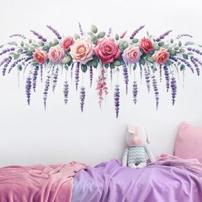 Removable DIY 3D Pink White Flower Wall Decals - Sunflower, Hanging Vine, Fresh Plant Green Leaves Art Decor for Girls Nursery, Bedroom, Living Room, TV Background