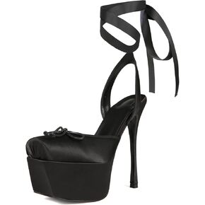 Saint Leia Women's Platform High Heels Square Closed Toe Bow Heels Lace Up Summer Elegant Sandals