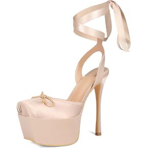 Saint Leia Women's Platform High Heels Square Closed Toe Bow Heels Lace Up Summer Elegant Sandals in Kuwait