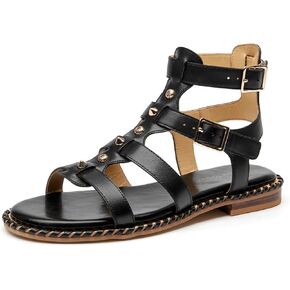BEAU TODAY Women’s Flat Gladiator Sandals, Leather Fisherman Studded Sandals Shoes for Women, Roman Boho Strappy Comfortable Dress Buckle Summer Beach Shoes
