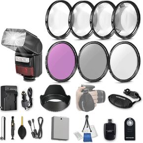 58mm 21 Pc Accessory Kit for Canon EOS Rebel T3i, T5i, 300D, 700D DSLRs with LED-Flash, UV CPL FLD Filters, & 4 Piece Macro Close-Up Set, Battery, and More