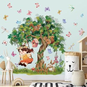 Amaonm Large Whimsical Tree Wall Decal with Woodland Animals, Birds, and Butterflies, Watercolor Green Tree Wall Sticker Decor for Girls Kids Bedroom Living Room Nursery Decoration (C)