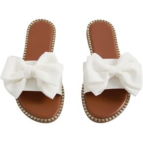 GORGLITTER Women's Bow Sandals Sparkly Flat Sandals Open Toe Slip On Slide Vacation Sandals