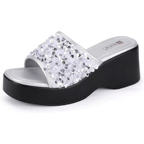 IDIFU IN3 Platform Sandals Wedge Sandals for Women Sparkly Low Chunky Slides Sandals Summer Beach Cute Comfortable Slip On Wedges Square Open Toe Trendy Small Dressy Womens Sandals