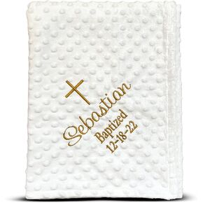 Baptism Blanket Personalized Baby Gifts – Luxurious Baptismal Gifts Textured Baby Blanket with Name, Date – Unique Christening Gifts for Girls and Boys – Soft Minky (White/Gold)