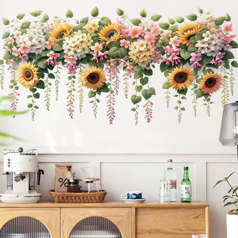 Removable DIY 3D Pink White Flower Wall Decals - Sunflower, Hanging Vine, Fresh Plant Green Leaves Art Decor for Girls Nursery, Bedroom, Living Room, TV Background in Saudi Arabia