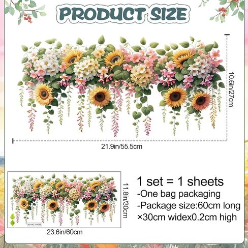 Removable DIY 3D Pink White Flower Wall Decals - Sunflower, Hanging Vine, Fresh Plant Green Leaves Art Decor for Girls Nursery, Bedroom, Living Room, TV Background in Saudi Arabia