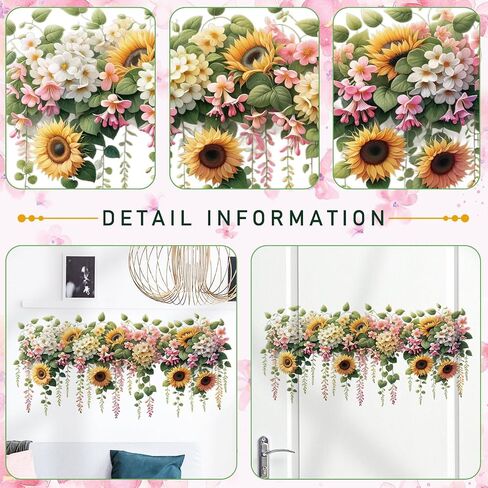 Removable DIY 3D Pink White Flower Wall Decals - Sunflower, Hanging Vine, Fresh Plant Green Leaves Art Decor for Girls Nursery, Bedroom, Living Room, TV Background in Saudi Arabia