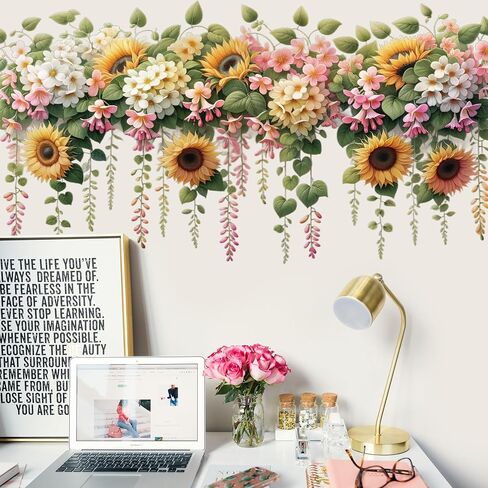 Removable DIY 3D Pink White Flower Wall Decals - Sunflower, Hanging Vine, Fresh Plant Green Leaves Art Decor for Girls Nursery, Bedroom, Living Room, TV Background in Saudi Arabia