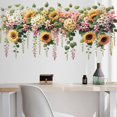 Removable DIY 3D Pink White Flower Wall Decals - Sunflower, Hanging Vine, Fresh Plant Green Leaves Art Decor for Girls Nursery, Bedroom, Living Room, TV Background in Saudi Arabia