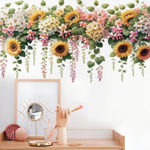 Removable DIY 3D Pink White Flower Wall Decals - Sunflower, Hanging Vine, Fresh Plant Green Leaves Art Decor for Girls Nursery, Bedroom, Living Room, TV Background in Saudi Arabia