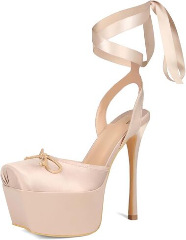 Saint Leia Women's Platform High Heels Square Closed Toe Bow Heels Lace Up Summer Elegant Sandals in Saudi Arabia