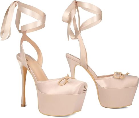 Saint Leia Women's Platform High Heels Square Closed Toe Bow Heels Lace Up Summer Elegant Sandals in Saudi Arabia