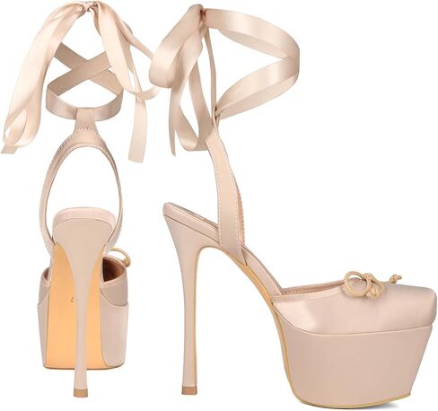 Saint Leia Women's Platform High Heels Square Closed Toe Bow Heels Lace Up Summer Elegant Sandals in Saudi Arabia