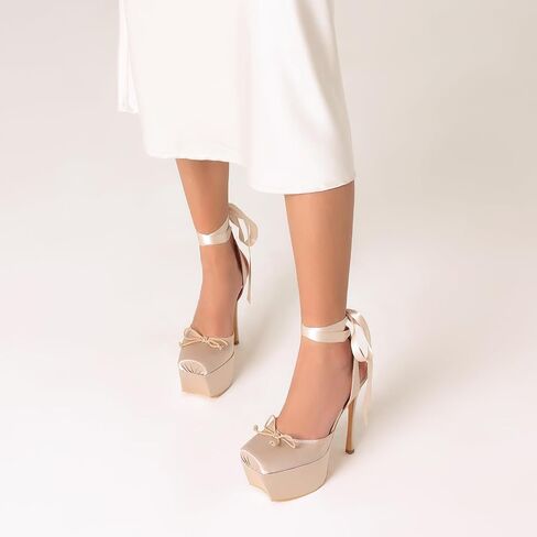 Saint Leia Women's Platform High Heels Square Closed Toe Bow Heels Lace Up Summer Elegant Sandals in Saudi Arabia