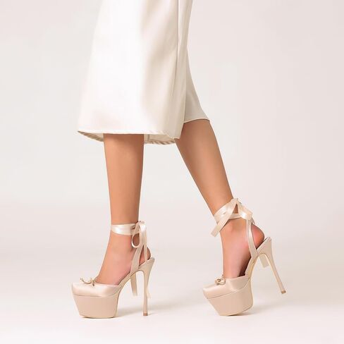 Saint Leia Women's Platform High Heels Square Closed Toe Bow Heels Lace Up Summer Elegant Sandals in Saudi Arabia