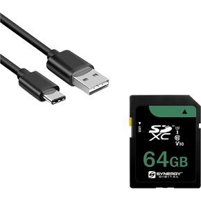 مجموعة ملحقات رقمية Synergy ، متوافقة مع الكاميرا الرقمية Sony ZV-E10 المرآة: كابل USB من نوع EM-USB-3B ، بطاقة ذاكرة SY-SD64GB
