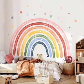 Tanlaby Large Rainbow Wall Stickers Watercolor Stars Wall Decals Peel and Stick Giant Art Decor for Baby Nursery Girls Bedroom Kids Playroom Daycare Classroom, 76.8" X 46.9"