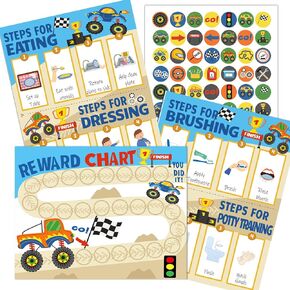 Potty Training Chart for Toddler 16 PCS Self-Care Training Sticker Chart Monster Truck Potty Reward Chart with 252 Stickers Potty Training Sticker Chart