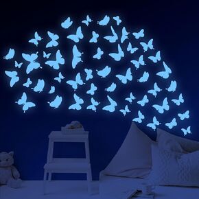 Sondeng Glow in The Dark Butterfly Wall Decals, Glowing Blue Butterfly Wall Stickers, 4 Sheets of Irregular Shaped Glossy Vinyl Stickers for Kids Bedroom, Living Room Wall Decor
