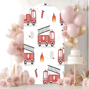 6.6FT Wedding Arch Backdrop Cover Firefighter Seamless Fire Truck Ladder Extinguisher Hose Hand Spandex Fitted Round Top Backdrop Stand Cover for Birthday Party Ceremony Banquet Decoration