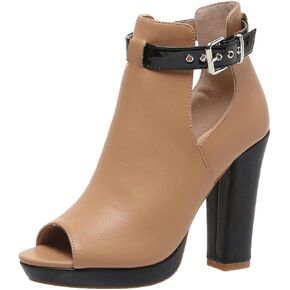 ZDLJYL Women's Open Peep Toe Booties Cutout Side Strap Mid Black Chunky Heel Fashion Ankle Bootie Summer Travel Sandals for Women